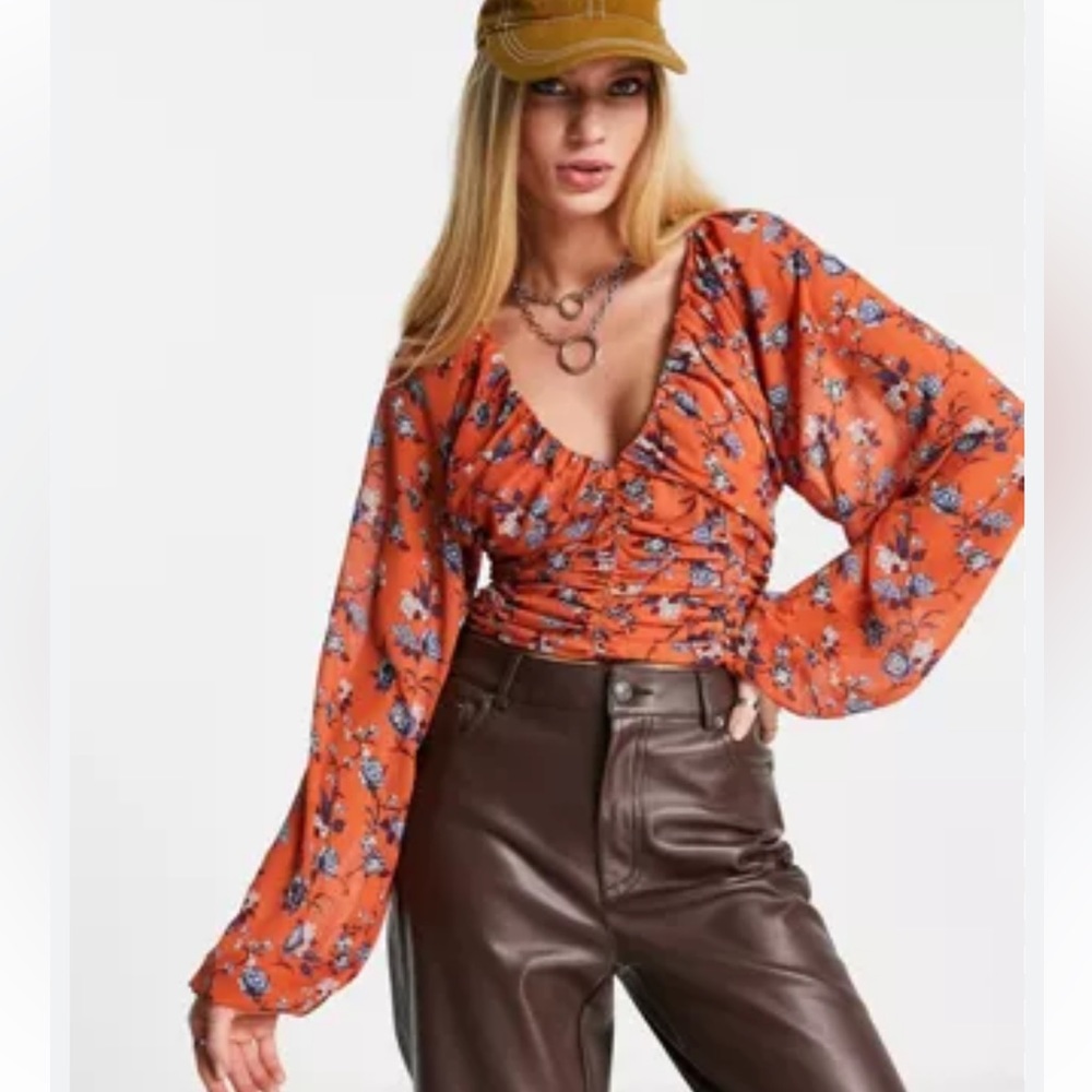 NWT Free People Final Rose Chiffon Long Sleeve Blouse Rust Floral XL